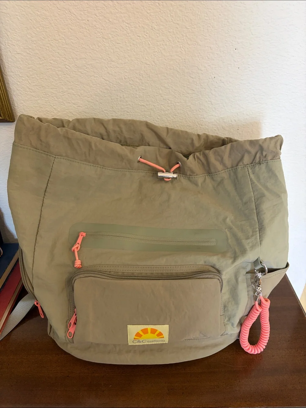 C&C California Olive Drawstring Backpack with Coral Accents